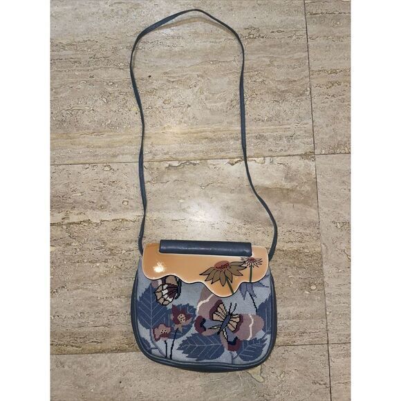 Patricia Smith Moon Leather Bag Butterfly Daisy Needlepoint Handpainted 1980